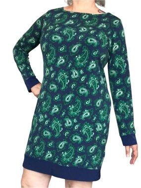 Michael Kors Women's Navy & Green Paisley Print Long Sleeves Shift Dress Size L